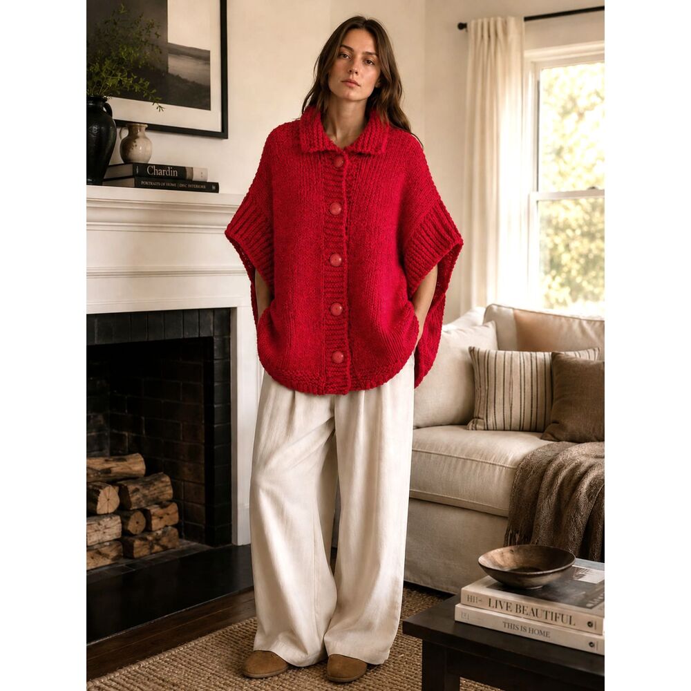 Handmade Chunky Knit Oversized Red Cardigan Sweater Artisan Grandpa Grandma Chic